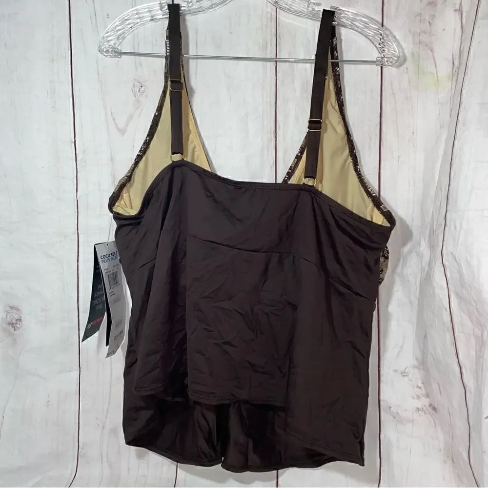 NEW! Coco Reef Plus 22W 44D Coffee Bean Brown Snake Print Twist Tankini Top